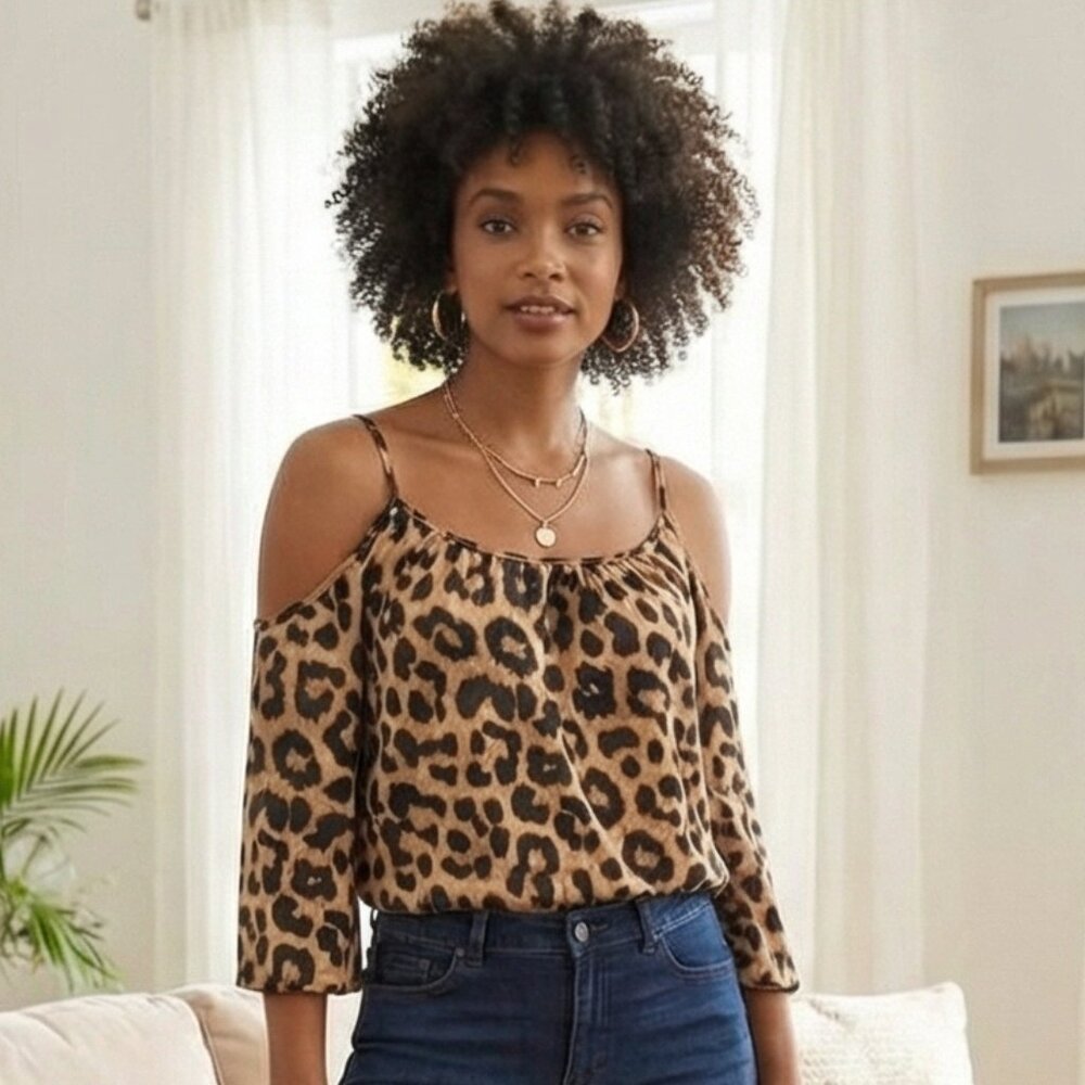 Leopard Print Cold Shoulder Top | 3/4 Sleeve | Size 4X | Curvy Boho Blouse - Picture 1 of 5